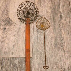 Antique Wire Skimmer set  Spoons Wooden Handle Primitive Farmhouse Kitchen tools
